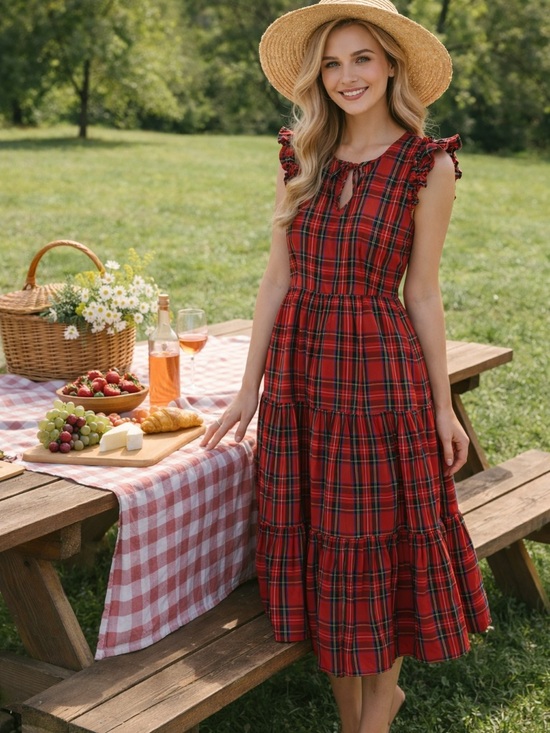 J. Crew Dresses & Skirts - J. Crew Red Plaid Ruffle-Sleeve Tiered Midi Dress